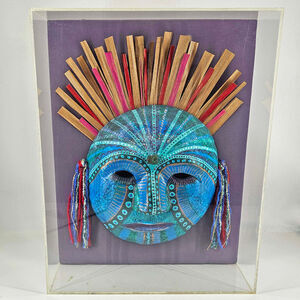 Vintage tribal hand made painted mask in acrylic shadow box by Artyfacts Gallery